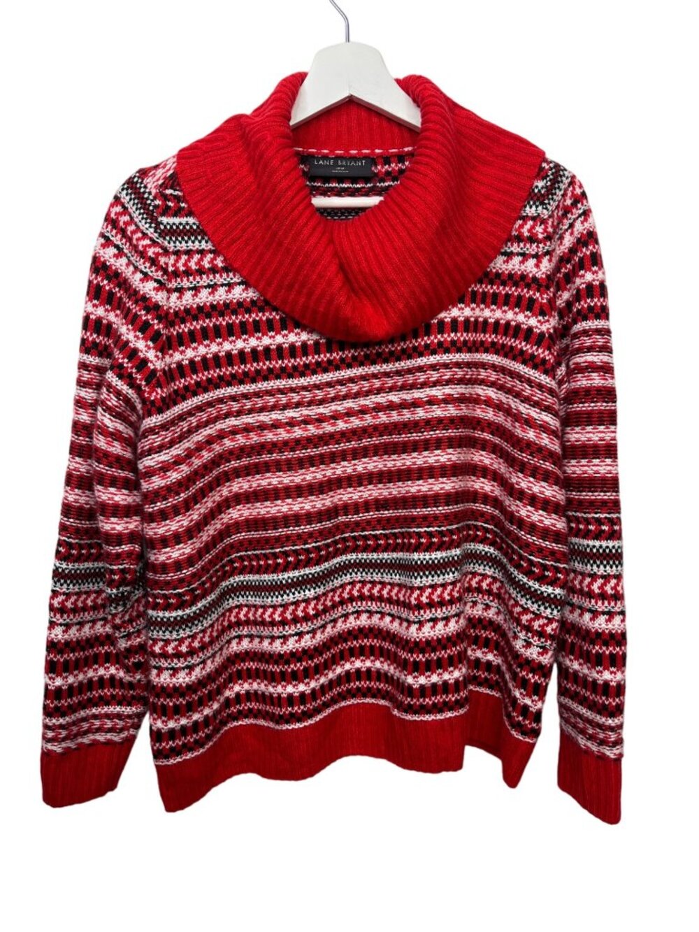 Lane Bryant Women's 10/12 Red Striped Cowl Neck Chunky Knit Sweater